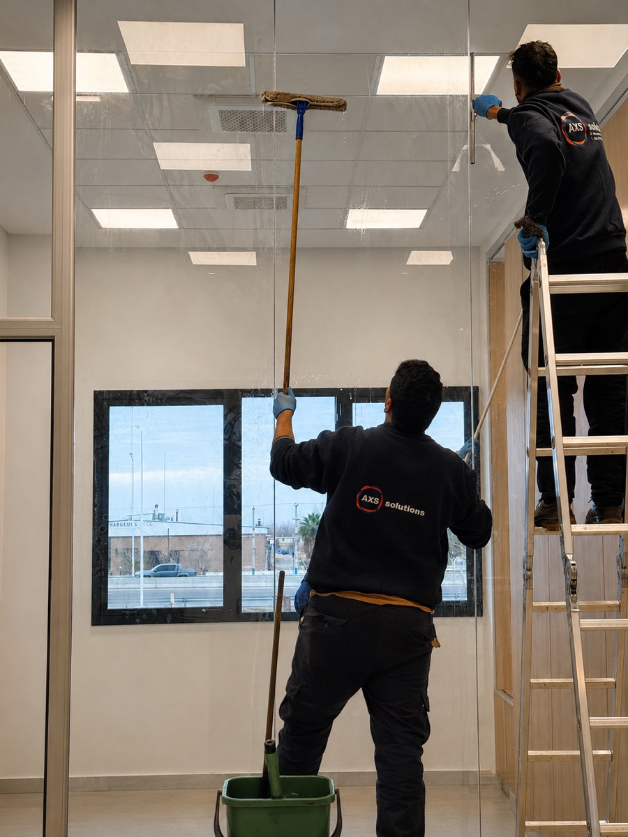 Trabajador de AXS Solutions realizando limpieza de vidrios en altura